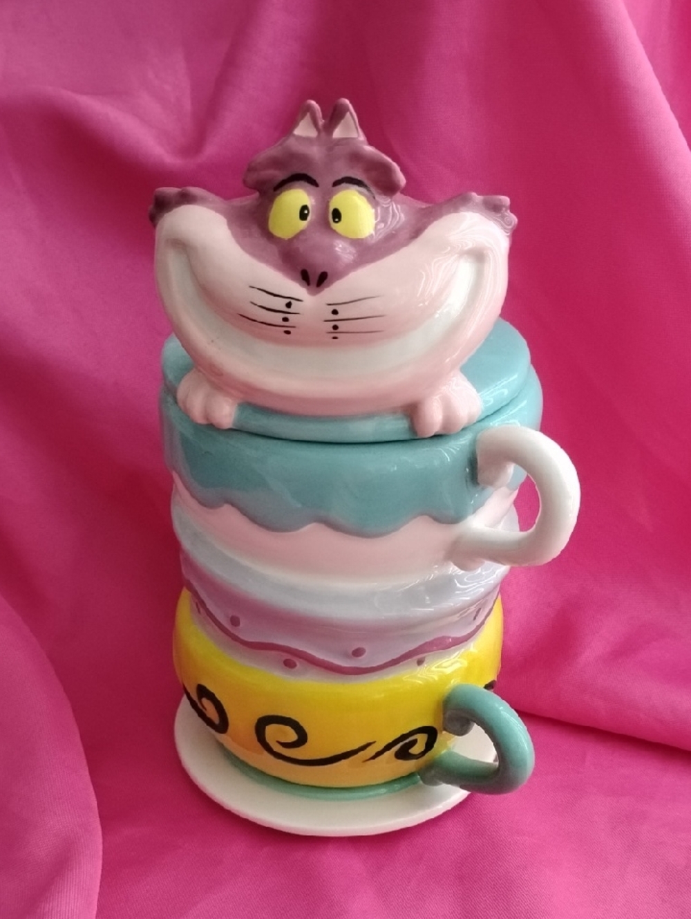 Disney Multicolor Cheshire Cat Stacked Teacup Tea Bag Holder.
